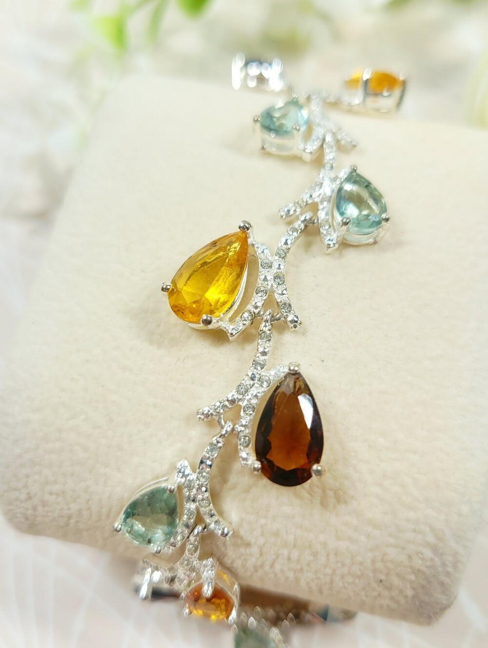Autumn Tone Faceted Gemstone Vine Bracelet Teardrop Multi-Color Silver 7.5"